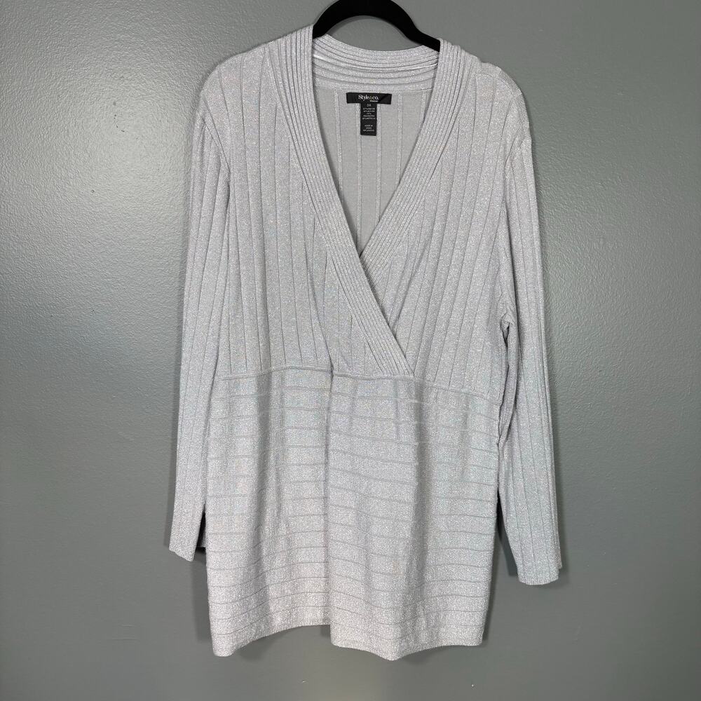 Style & Co Metallic Silver Glam Ribbed Faux Wrap Sweater - Women's Plus Size 3X